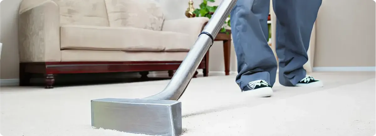 Carpet cleaning technician using a hot-water extraction wand on a light-colored carpet in a living room, Clearwater, FL.